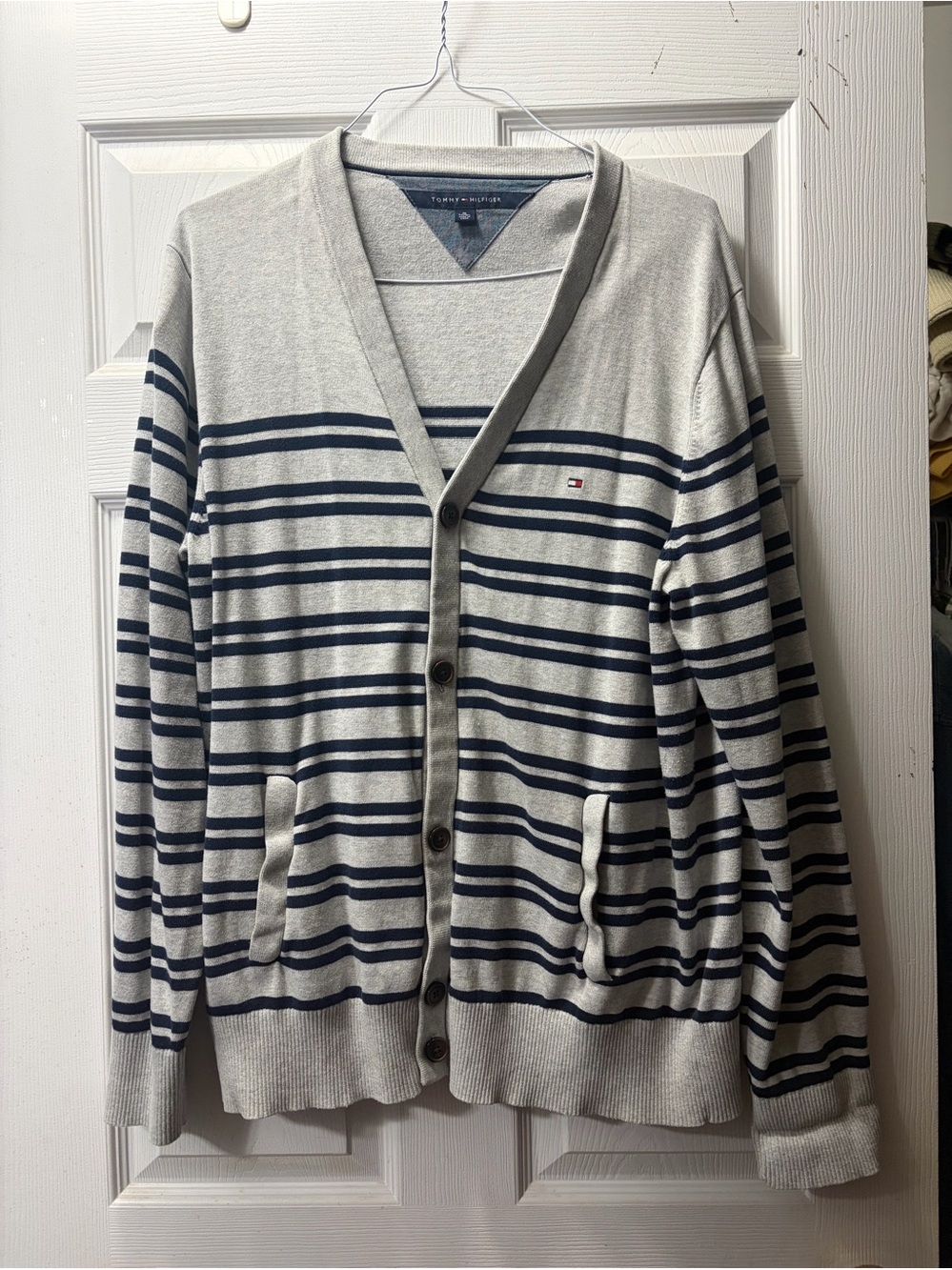 Tommy Hilfiger Light Gray & Navy Striped Men's Button Cardigan
